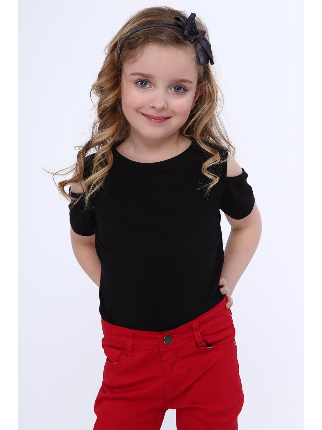 Tricou fete cu umeri decupati, negru NDZ8529 - Magazin online - Boutique